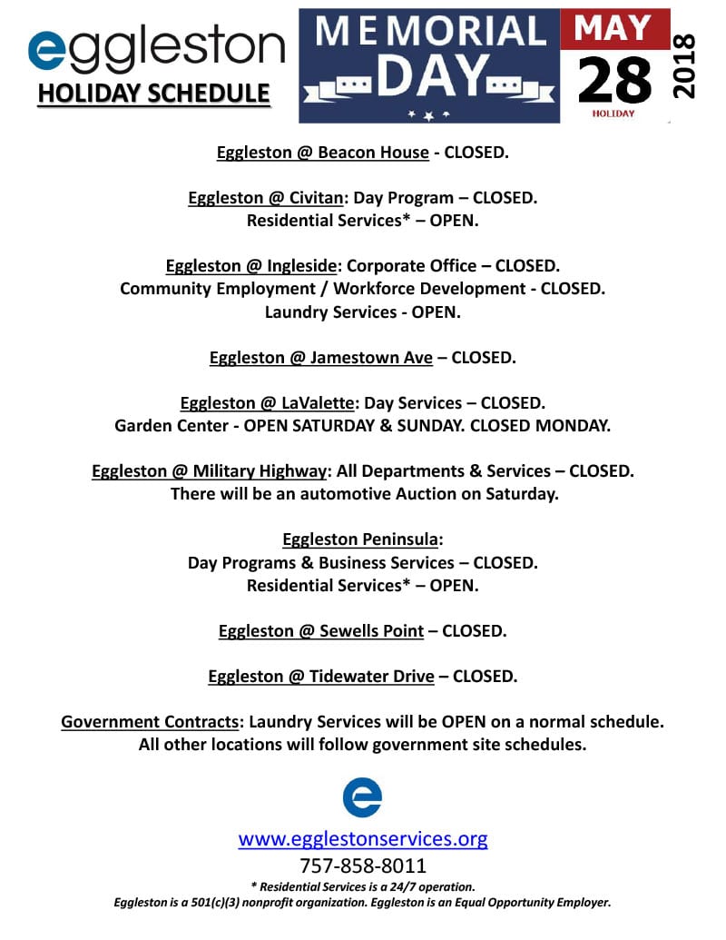 Memorial Day Holiday Schedule Eggleston Services VA