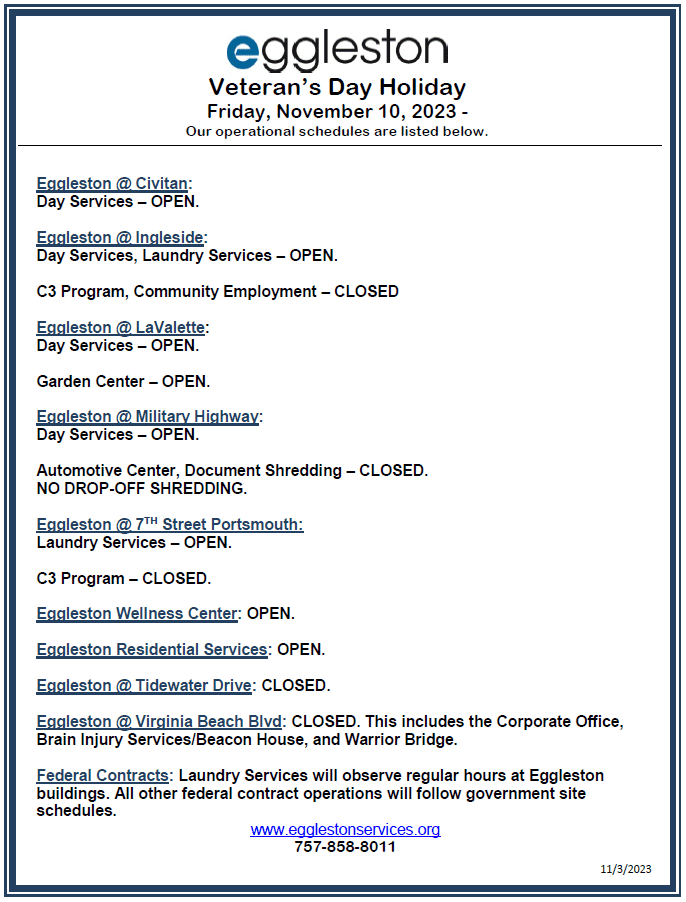 Veterans Day Closures Eggleston Services VA