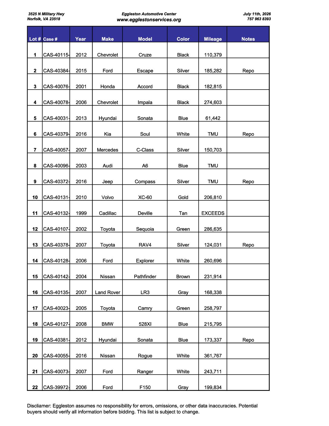 Auto Auction List 7-11-26